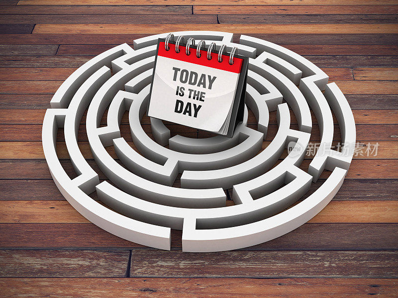 圆形迷宫与今天是一天日历在木地板- 3D渲染